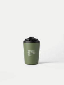 Made by Fressko reusable cup, with BENCH COFFEE CO. logo, in khaki
